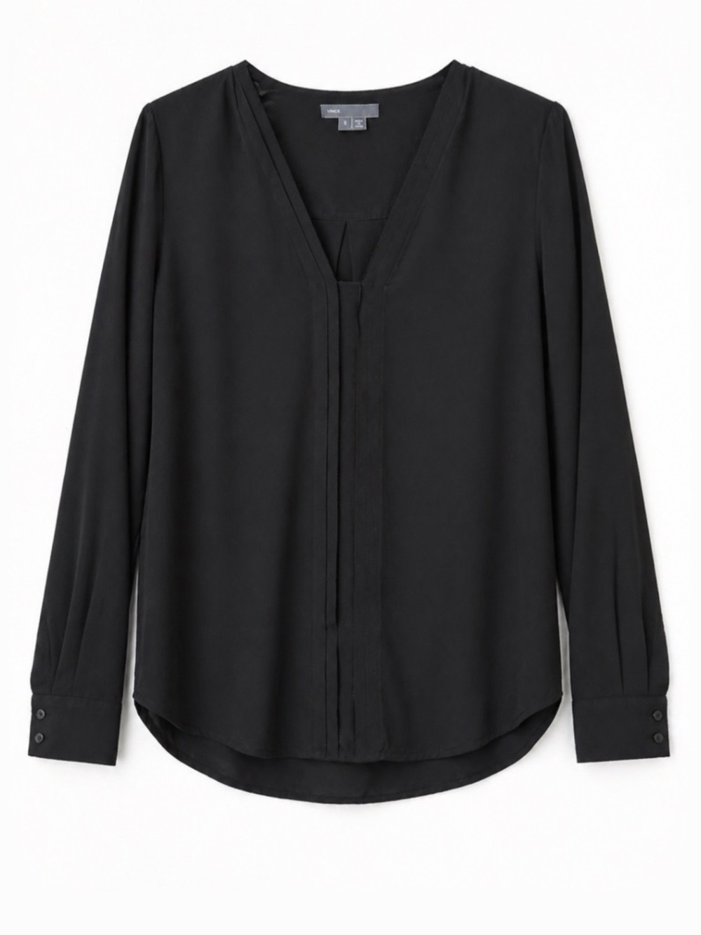 Vince 100% Silk Black Pleated Accent V-Neck Long-Sleeve Blouse